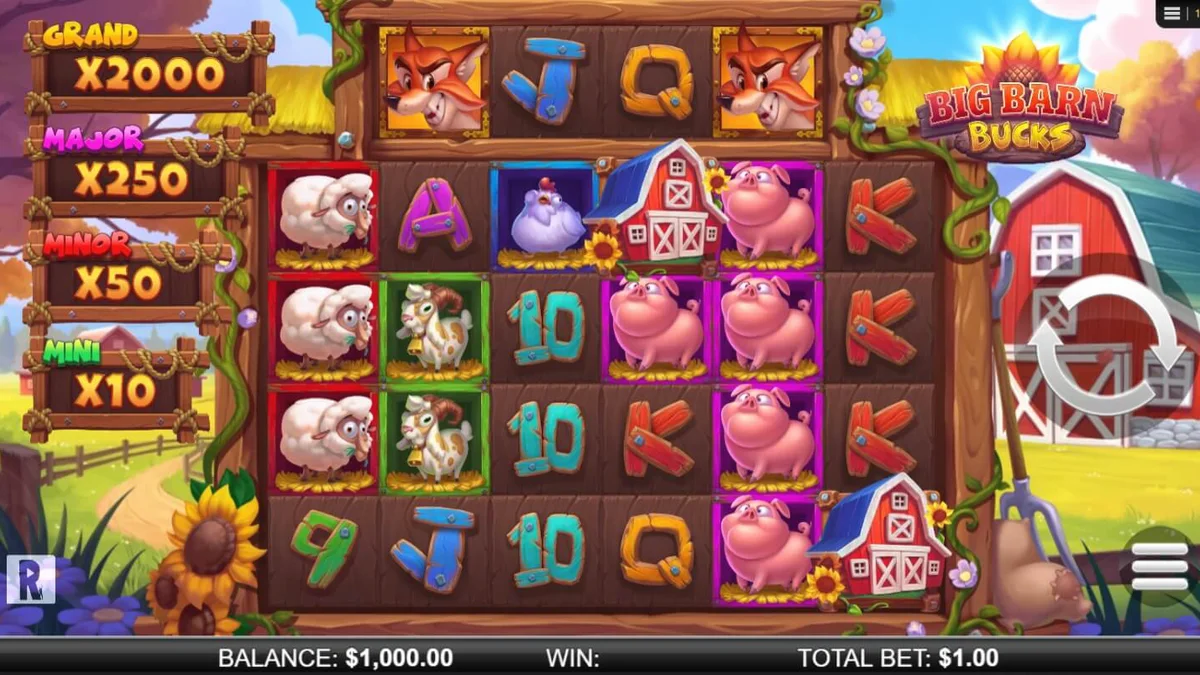 Tampilan visual slot Big Barn Bucks dengan tema peternakan yang ceria