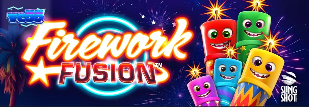 Tampilan visual slot Firework Fusion dengan tema karnaval tepi pantai