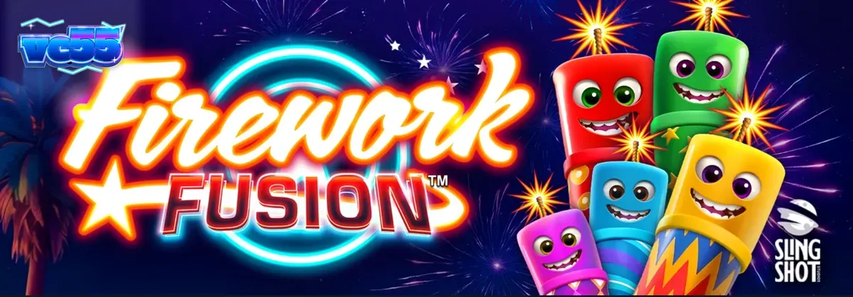 Tampilan visual slot Firework Fusion dengan tema karnaval tepi pantai dan kembang api.